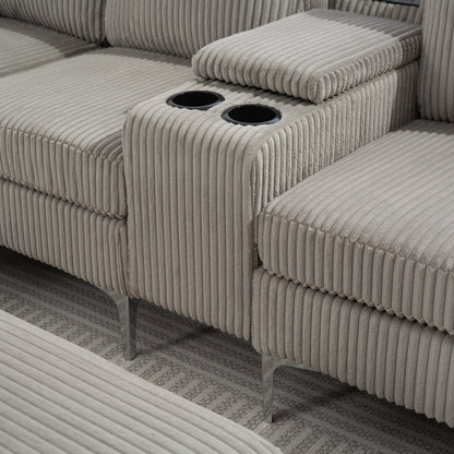 Canapé modulable en velours côtelé, convertible 6 places, avec ports USB, poufs de rangement et porte-gobelet pour le salon