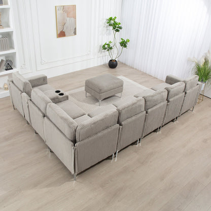 Canapé modulable en velours côtelé, convertible 6 places, avec ports USB, poufs de rangement et porte-gobelet pour le salon