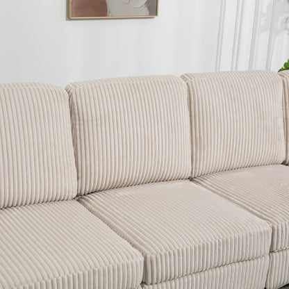 Canapé modulable en velours côtelé, convertible 6 places, avec ports USB, poufs de rangement et porte-gobelet pour le salon