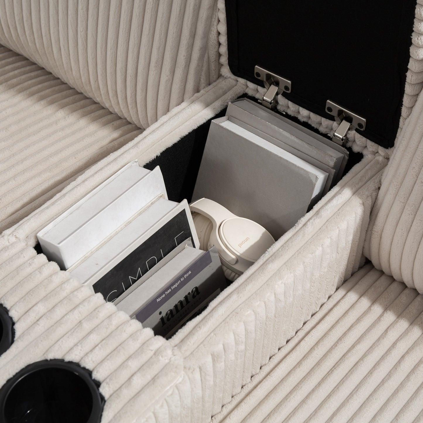 Canapé modulable en velours côtelé, convertible 6 places, avec ports USB, poufs de rangement et porte-gobelet pour le salon