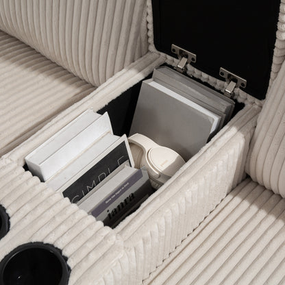 Canapé modulable en velours côtelé, convertible 6 places, avec ports USB, poufs de rangement et porte-gobelet pour le salon