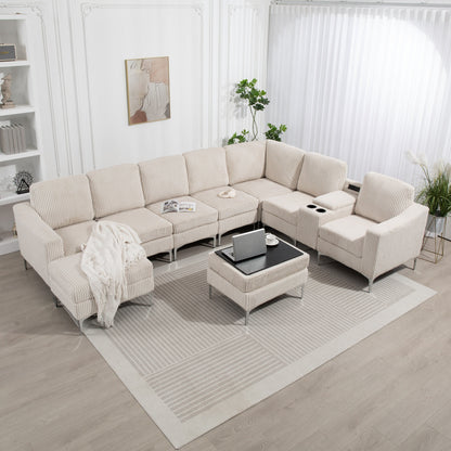 Canapé modulable en velours côtelé, convertible 6 places, avec ports USB, poufs de rangement et porte-gobelet pour le salon