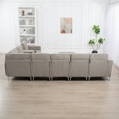 Canapé modulable en velours côtelé, convertible 6 places, avec ports USB, poufs de rangement et porte-gobelet pour le salon