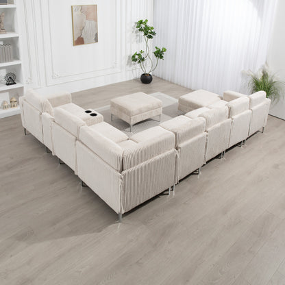 Canapé modulable en velours côtelé, convertible 6 places, avec ports USB, poufs de rangement et porte-gobelet pour le salon