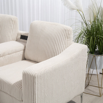 Canapé modulable en velours côtelé, convertible 6 places, avec ports USB, poufs de rangement et porte-gobelet pour le salon