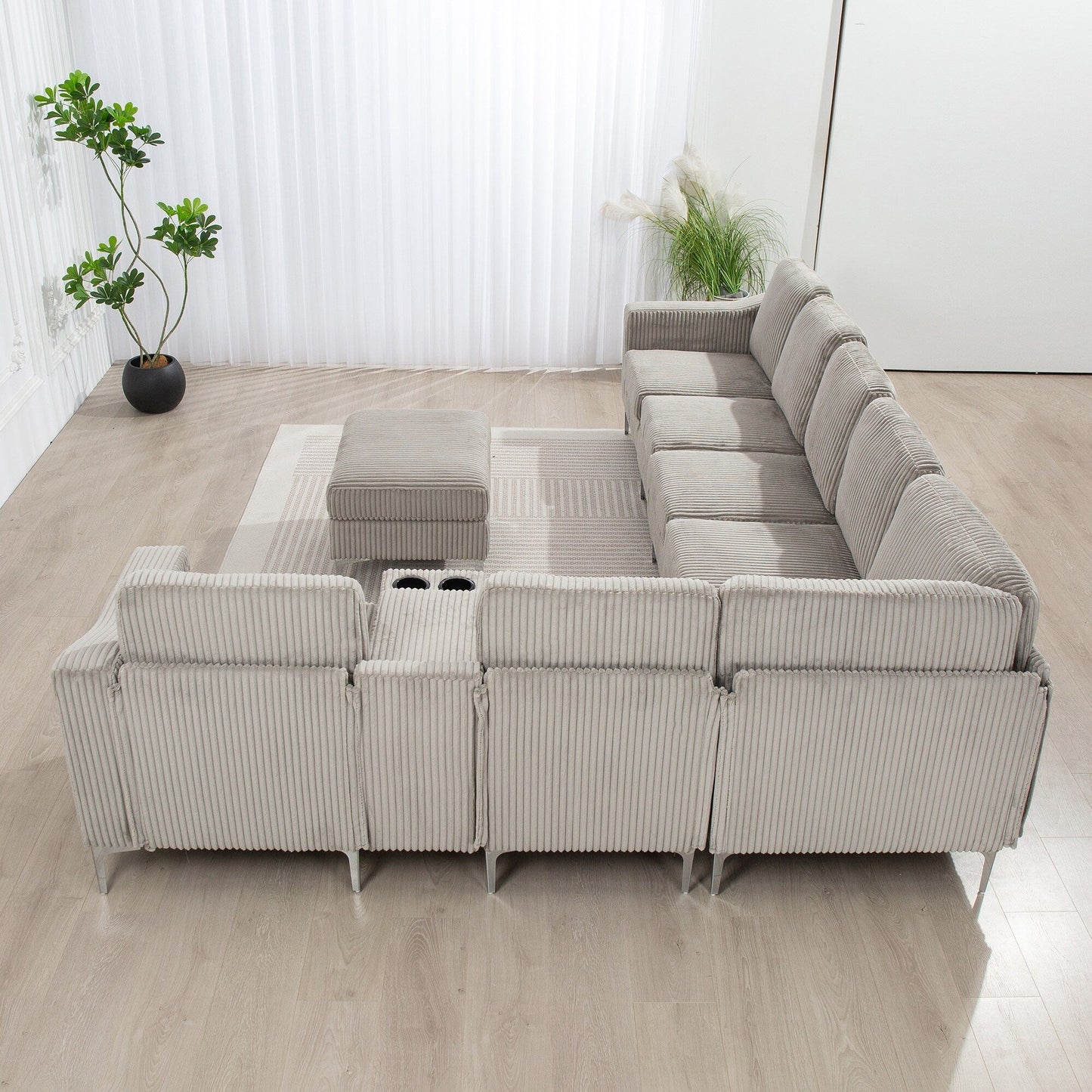 Canapé modulable en velours côtelé, convertible 6 places, avec ports USB, poufs de rangement et porte-gobelet pour le salon