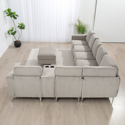 Canapé modulable en velours côtelé, convertible 6 places, avec ports USB, poufs de rangement et porte-gobelet pour le salon