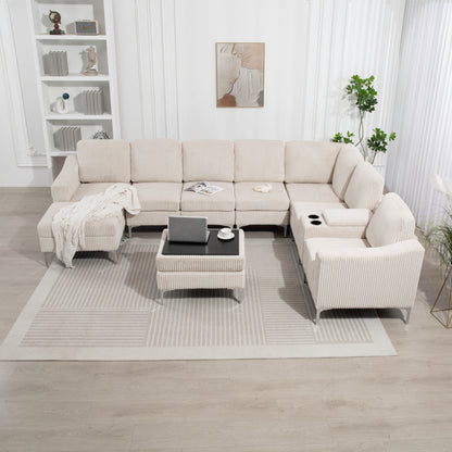 Canapé modulable en velours côtelé, convertible 6 places, avec ports USB, poufs de rangement et porte-gobelet pour le salon