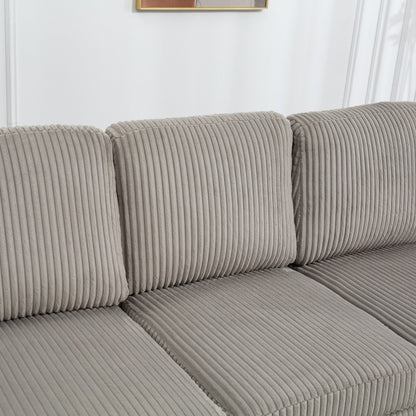 Canapé modulable en velours côtelé, convertible 6 places, avec ports USB, poufs de rangement et porte-gobelet pour le salon
