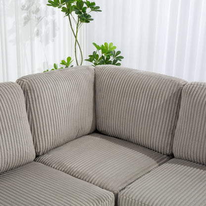Canapé modulable en velours côtelé, convertible 6 places, avec ports USB, poufs de rangement et porte-gobelet pour le salon