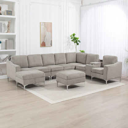 Canapé modulable en velours côtelé, convertible 6 places, avec ports USB, poufs de rangement et porte-gobelet pour le salon