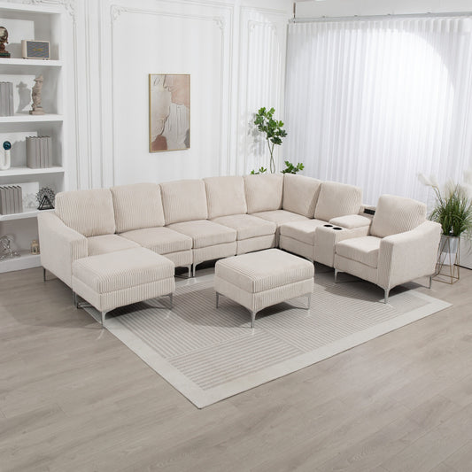 Canapé modulable en velours côtelé, convertible 6 places, avec ports USB, poufs de rangement et porte-gobelet pour le salon