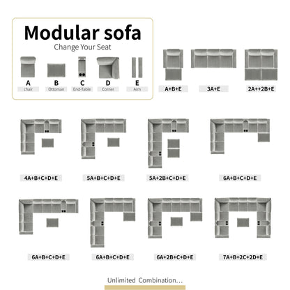 Canapé modulable en velours côtelé, convertible 6 places, avec ports USB, poufs de rangement et porte-gobelet pour le salon