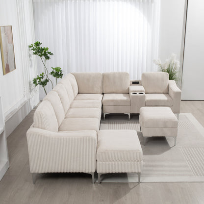 Canapé modulable en velours côtelé, convertible 6 places, avec ports USB, poufs de rangement et porte-gobelet pour le salon