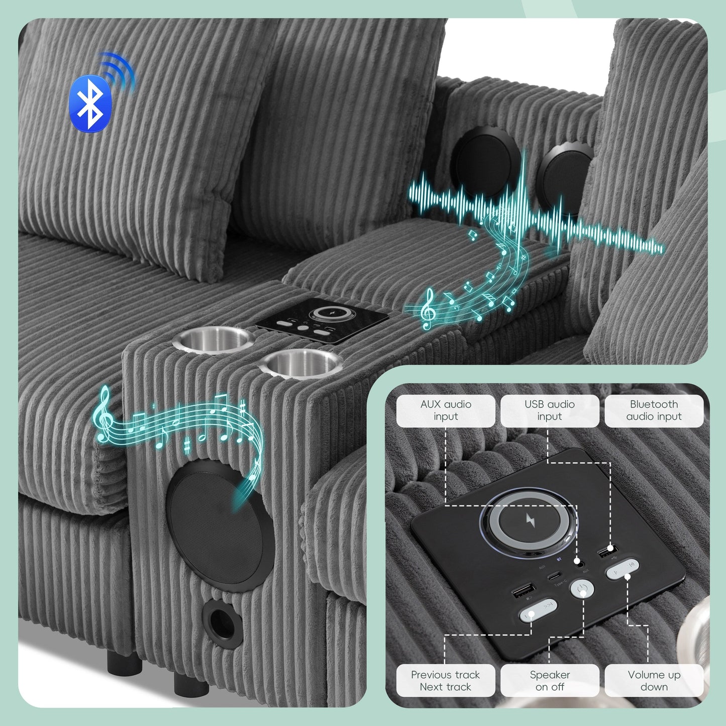 Canapé d'angle modulaire en velours côtelé avec haut-parleurs Bluetooth, ports de charge, porte-gobelets, rangement et pouf pour le salon