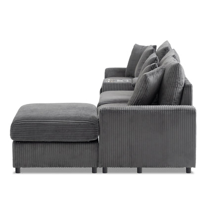 Canapé d'angle modulaire en velours côtelé avec haut-parleurs Bluetooth, ports de charge, porte-gobelets, rangement et pouf pour le salon