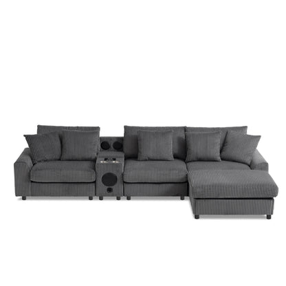 Canapé d'angle modulaire en velours côtelé avec haut-parleurs Bluetooth, ports de charge, porte-gobelets, rangement et pouf pour le salon
