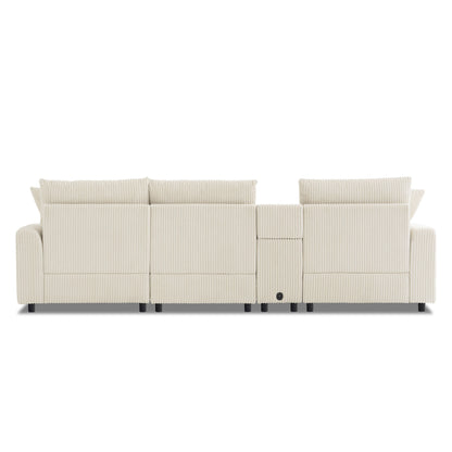 Canapé d'angle modulaire en velours côtelé avec haut-parleurs Bluetooth, ports de charge, porte-gobelets, rangement et pouf pour le salon