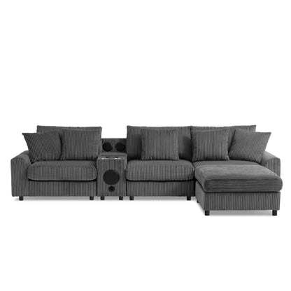 Canapé d'angle modulaire en velours côtelé avec haut-parleurs Bluetooth, ports de charge, porte-gobelets, rangement et pouf pour le salon