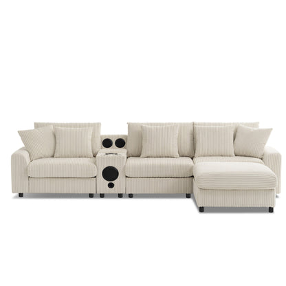 Canapé d'angle modulaire en velours côtelé avec haut-parleurs Bluetooth, ports de charge, porte-gobelets, rangement et pouf pour le salon