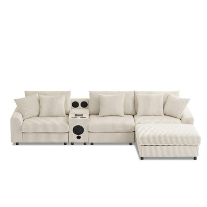 Canapé d'angle modulaire en velours côtelé avec haut-parleurs Bluetooth, ports de charge, porte-gobelets, rangement et pouf pour le salon