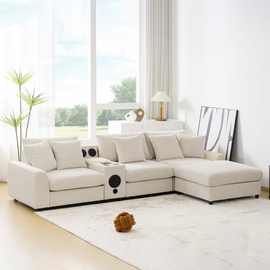 Canapé d'angle modulaire en velours côtelé avec haut-parleurs Bluetooth, ports de charge, porte-gobelets, rangement et pouf pour le salon