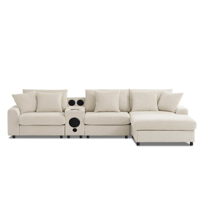 Canapé d'angle modulaire en velours côtelé avec haut-parleurs Bluetooth, ports de charge, porte-gobelets, rangement et pouf pour le salon