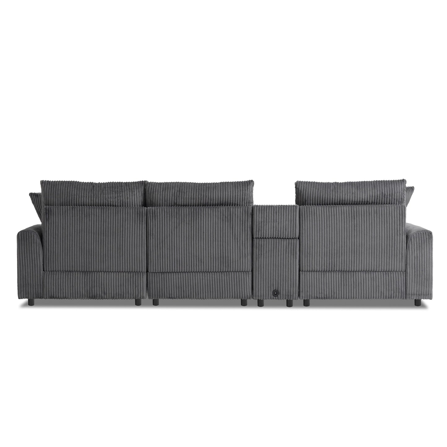 Canapé d'angle modulaire en velours côtelé avec haut-parleurs Bluetooth, ports de charge, porte-gobelets, rangement et pouf pour le salon