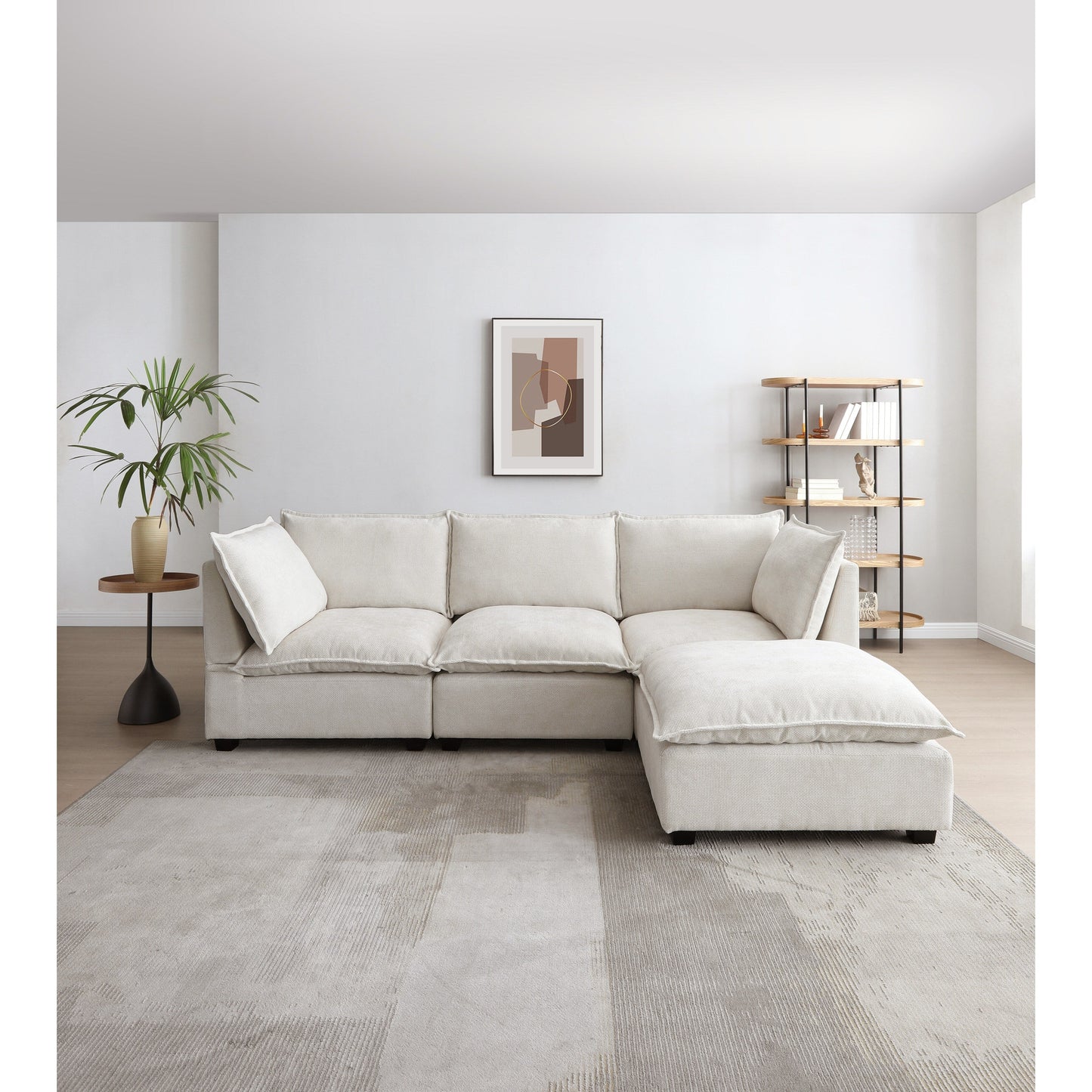 Canapé modulable en L en lin avec pouf réversible, coussins en duvet de canard moelleux, idéal pour le salon ou le bureau