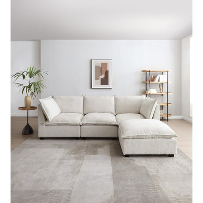 Canapé modulable en L en lin avec pouf réversible, coussins en duvet de canard moelleux, idéal pour le salon ou le bureau