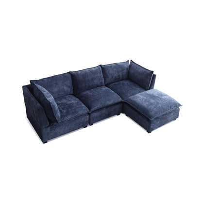 Canapé modulable en L en lin avec pouf réversible, coussins en duvet de canard moelleux, idéal pour le salon ou le bureau