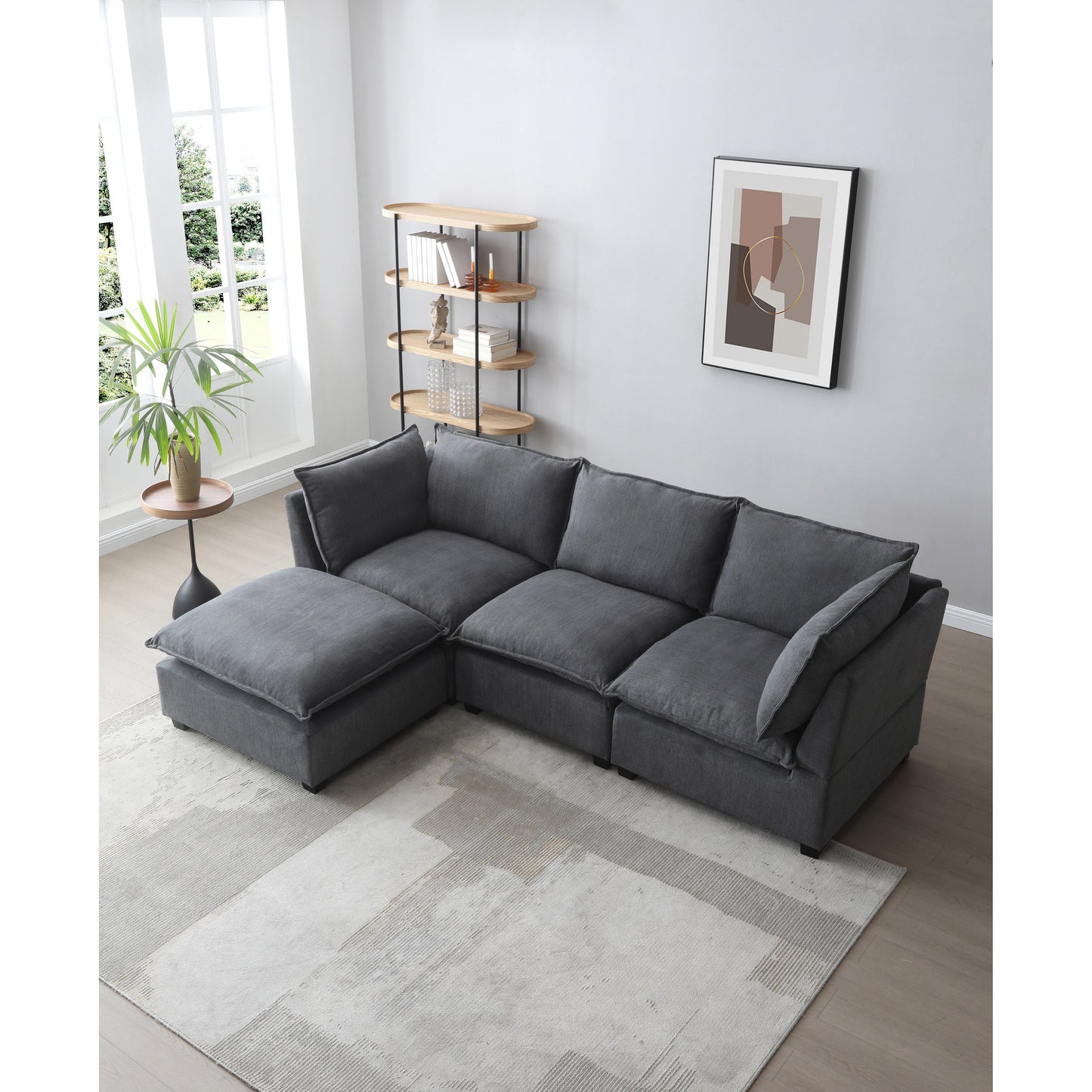 Canapé modulable en L en lin avec pouf réversible, coussins en duvet de canard moelleux, idéal pour le salon ou le bureau
