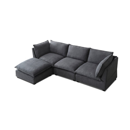 Canapé modulable en L en lin avec pouf réversible, coussins en duvet de canard moelleux, idéal pour le salon ou le bureau