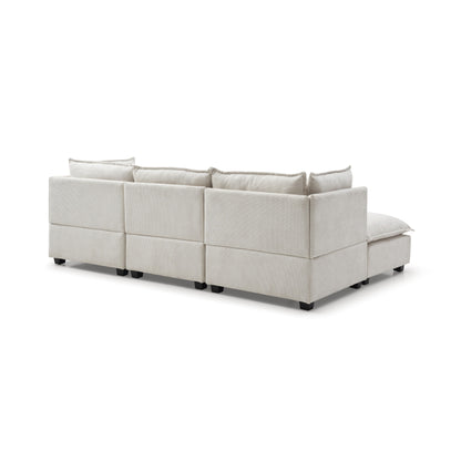Canapé modulable en L en lin avec pouf réversible, coussins en duvet de canard moelleux, idéal pour le salon ou le bureau