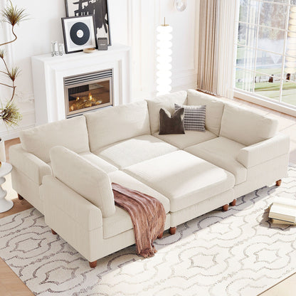 Canapé modulable en velours côtelé 6 places en forme de L avec pouf et pieds en bois pour salon ou bureau