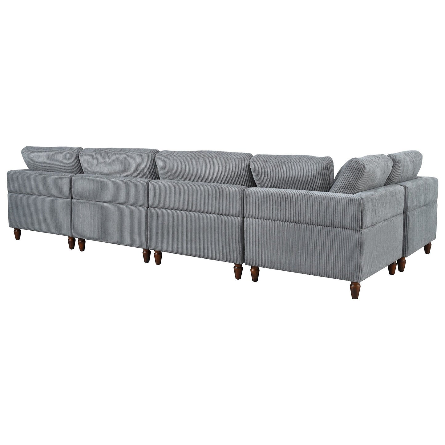 Canapé modulable en velours côtelé 6 places en forme de L avec pouf et pieds en bois pour salon ou bureau