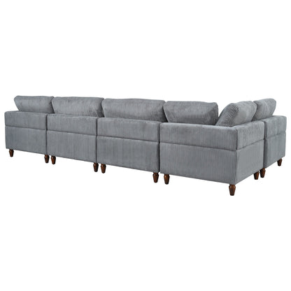 Canapé modulable en velours côtelé 6 places en forme de L avec pouf et pieds en bois pour salon ou bureau