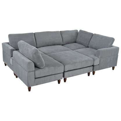 Canapé modulable en velours côtelé 6 places en forme de L avec pouf et pieds en bois pour salon ou bureau