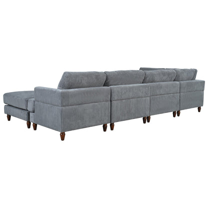 Canapé modulable en velours côtelé 6 places en forme de L avec pouf et pieds en bois pour salon ou bureau