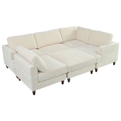 Canapé modulable en velours côtelé 6 places en forme de L avec pouf et pieds en bois pour salon ou bureau