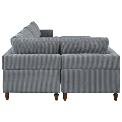 Canapé modulable en velours côtelé 6 places en forme de L avec pouf et pieds en bois pour salon ou bureau