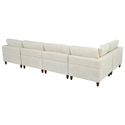 Canapé modulable en velours côtelé 6 places en forme de L avec pouf et pieds en bois pour salon ou bureau