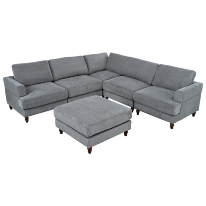 Canapé modulable en velours côtelé 6 places en forme de L avec pouf et pieds en bois pour salon ou bureau
