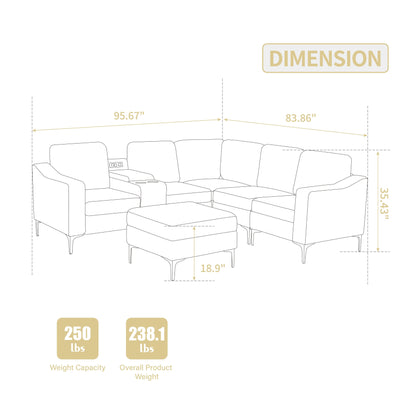 Canapé d'angle modulaire en velours côtelé en forme de L avec ports USB, pouf de rangement et porte-gobelets pour salon d'appartement