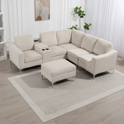 Canapé d'angle modulaire en velours côtelé en forme de L avec ports USB, pouf de rangement et porte-gobelets pour salon d'appartement