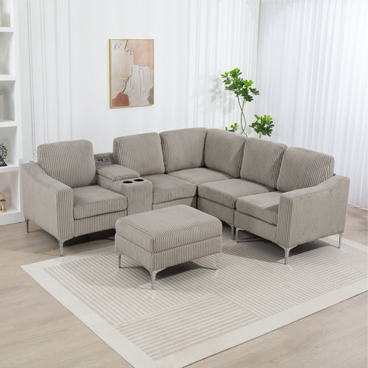 Canapé d'angle modulaire en velours côtelé en forme de L avec ports USB, pouf de rangement et porte-gobelets pour salon d'appartement
