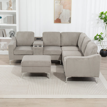 Canapé d'angle modulaire en velours côtelé en forme de L avec ports USB, pouf de rangement et porte-gobelets pour salon d'appartement