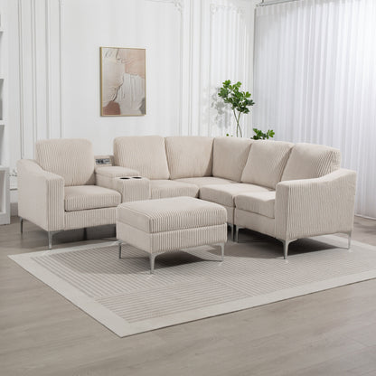 Canapé d'angle modulaire en velours côtelé en forme de L avec ports USB, pouf de rangement et porte-gobelets pour salon d'appartement
