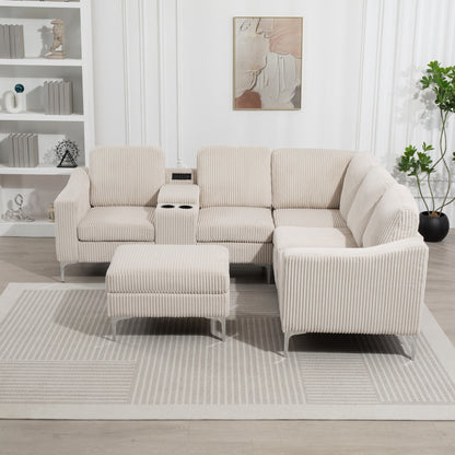 Canapé d'angle modulaire en velours côtelé en forme de L avec ports USB, pouf de rangement et porte-gobelets pour salon d'appartement