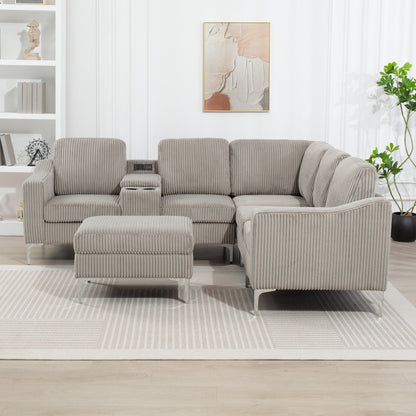 Canapé d'angle modulaire en velours côtelé en forme de L avec ports USB, pouf de rangement et porte-gobelets pour salon d'appartement